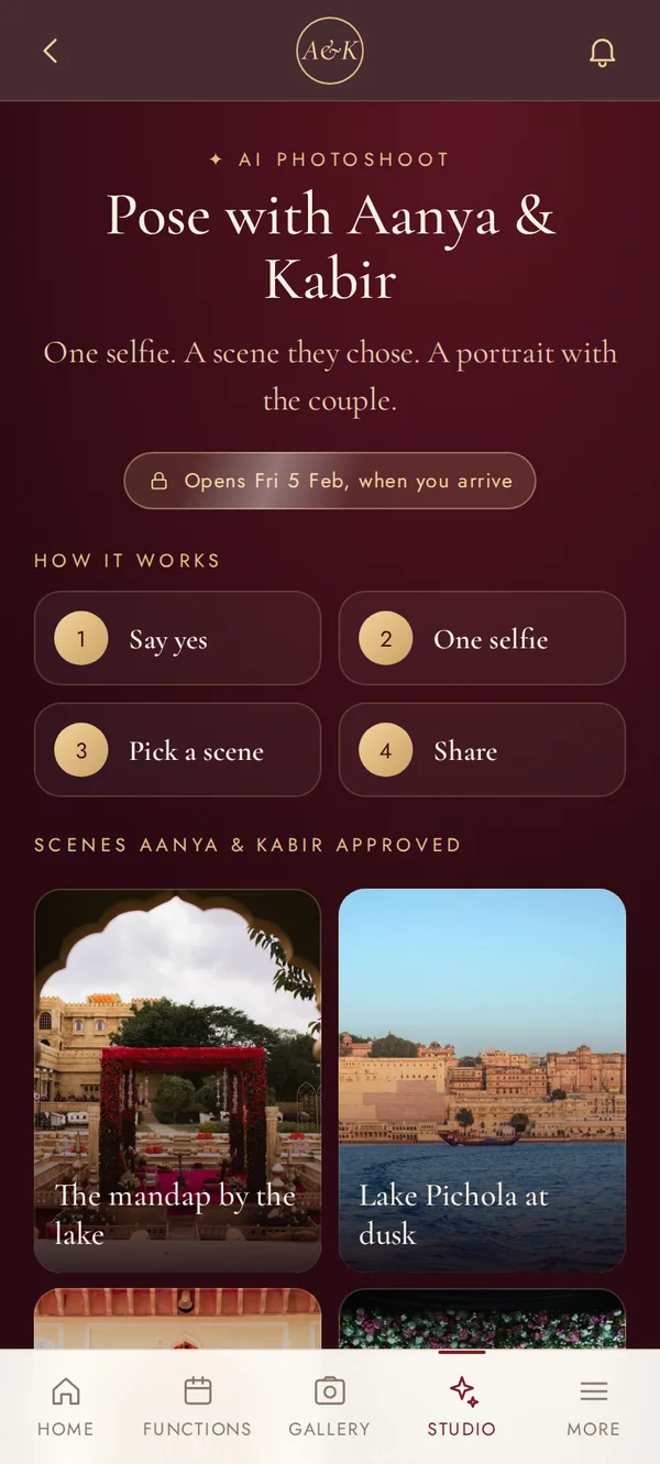 AI Photoshoot screen of the Aanya and Kabir wedding app