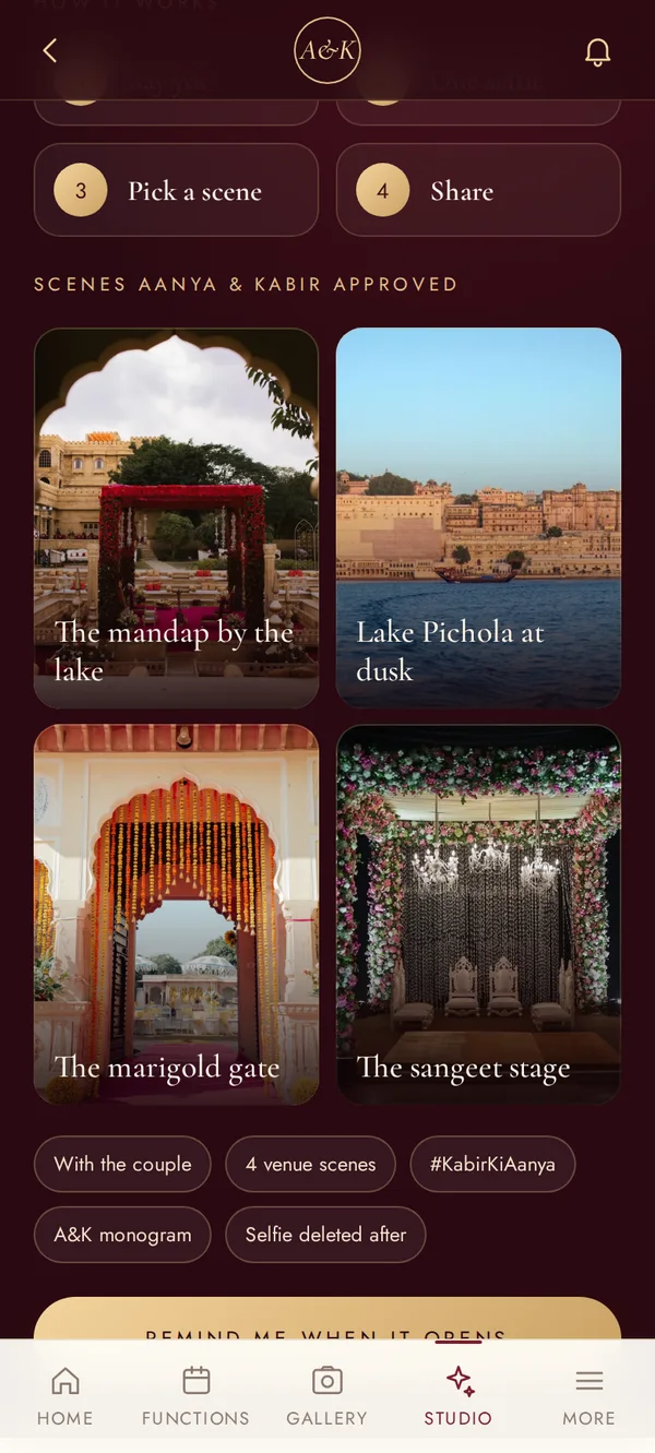 Approved scenes screen of the Aanya and Kabir wedding app