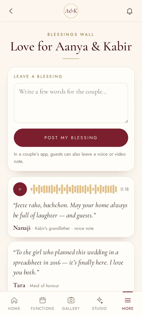 Blessings wall screen of the Aanya and Kabir wedding app