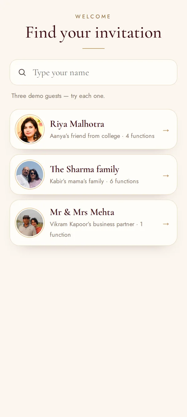 Find your invitation screen of the Aanya and Kabir wedding app