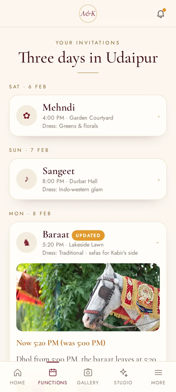 Riya’s invitations screen of the Aanya and Kabir wedding app
