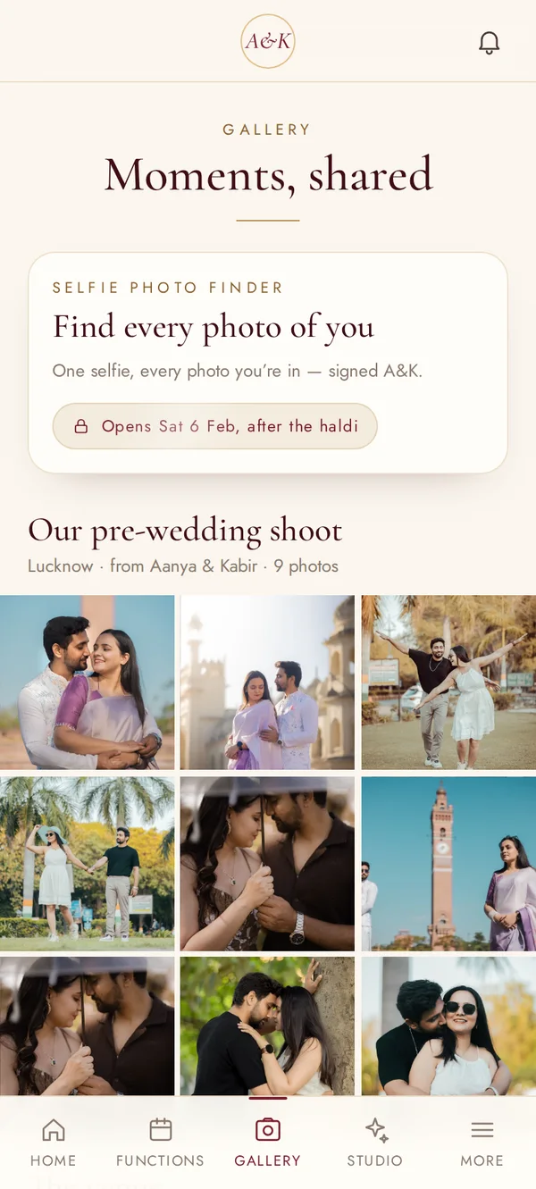 Gallery screen of the Aanya and Kabir wedding app