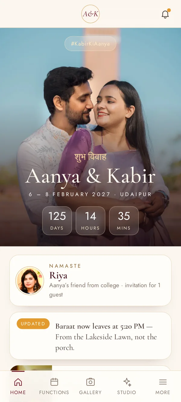 Aanya and Kabir’s wedding app home screen