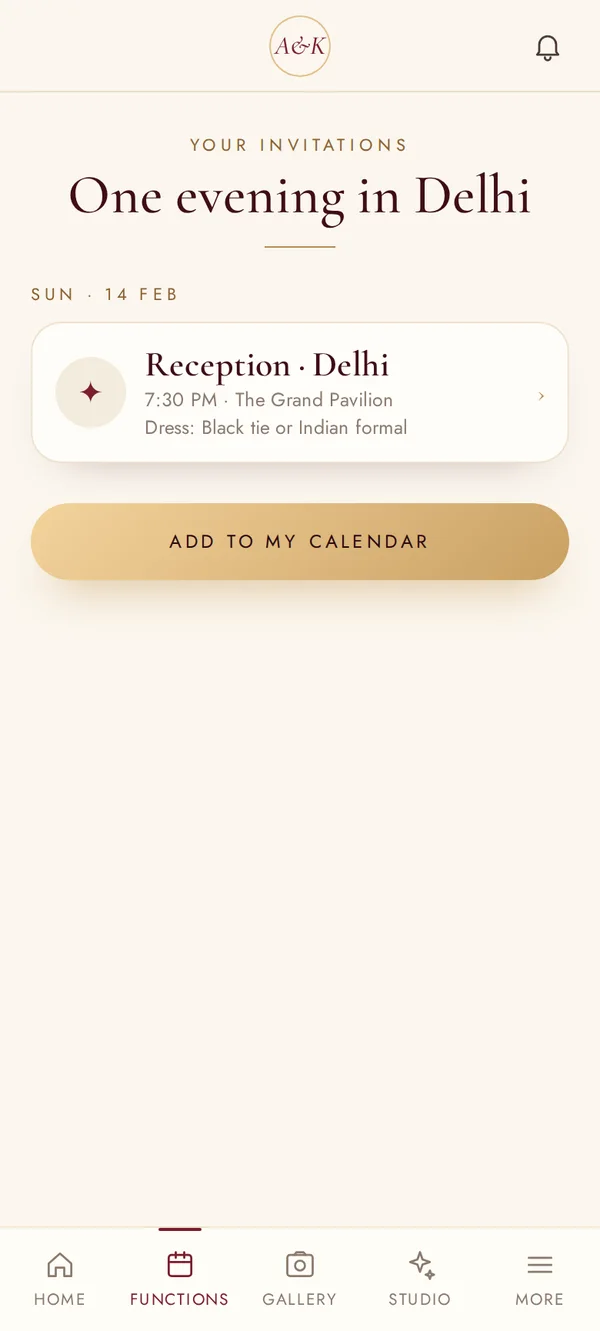 The Mehtas’ invitation screen of the Aanya and Kabir wedding app