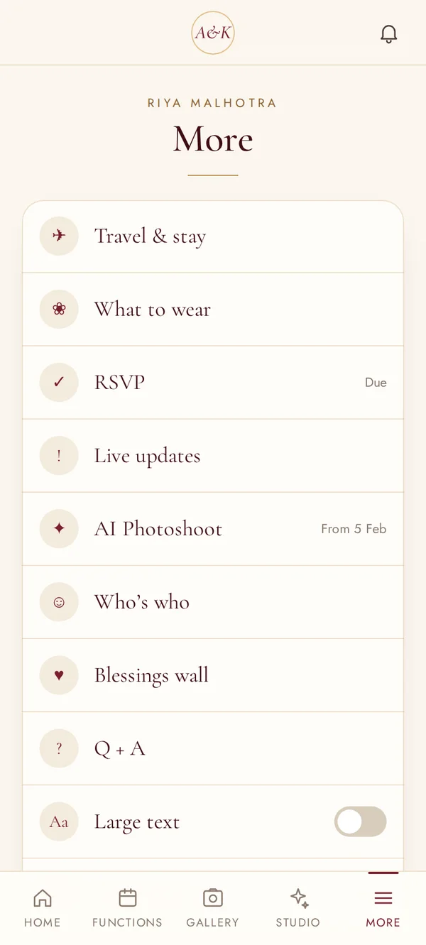 More screen of the Aanya and Kabir wedding app