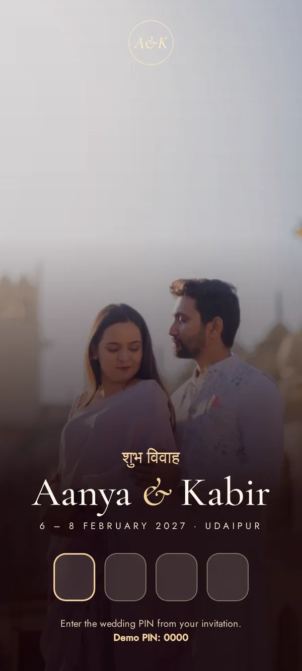 Wedding PIN screen of the Aanya and Kabir wedding app