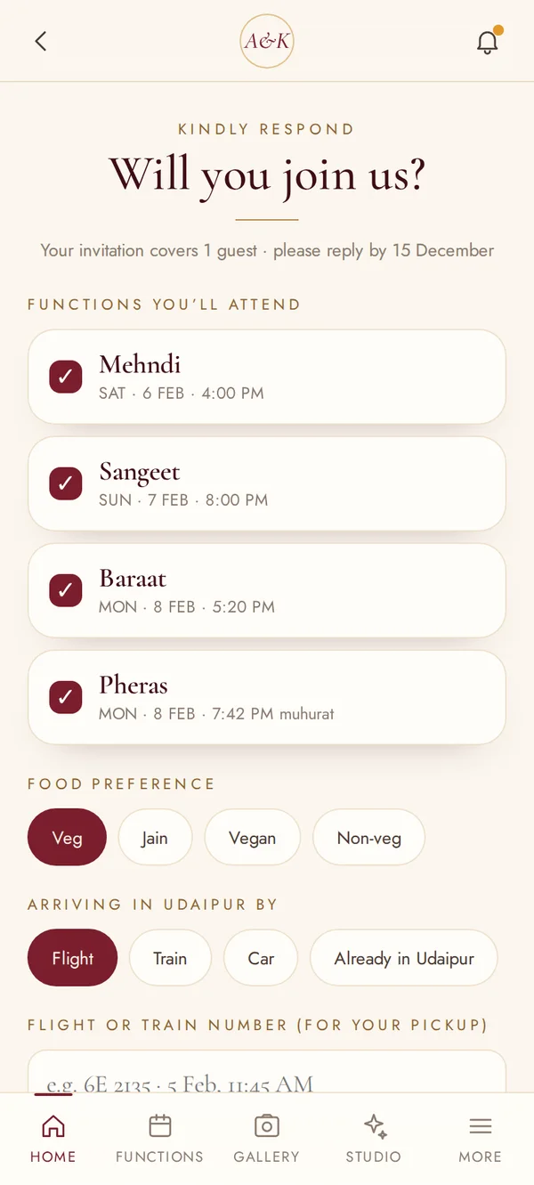 RSVP screen of the Aanya and Kabir wedding app