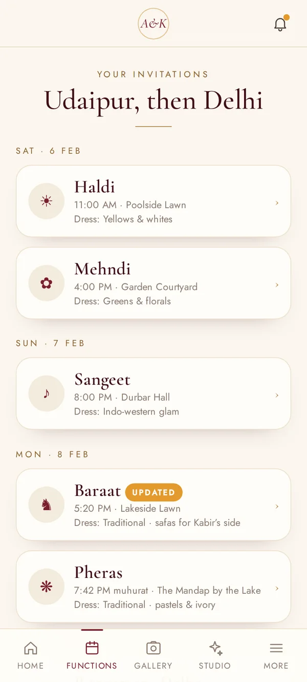 The Sharmas’ invitations screen of the Aanya and Kabir wedding app