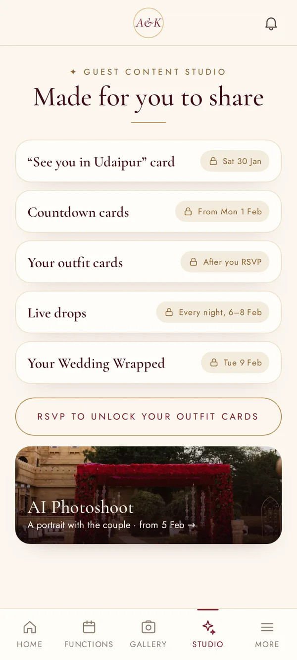 Guest Content Studio screen of the Aanya and Kabir wedding app