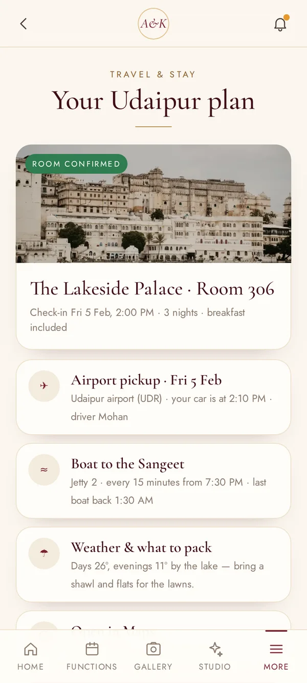 Travel & stay screen of the Aanya and Kabir wedding app