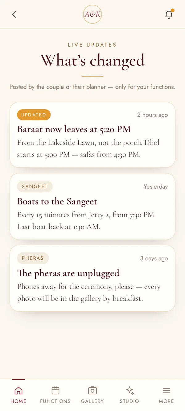 Live updates screen of the Aanya and Kabir wedding app