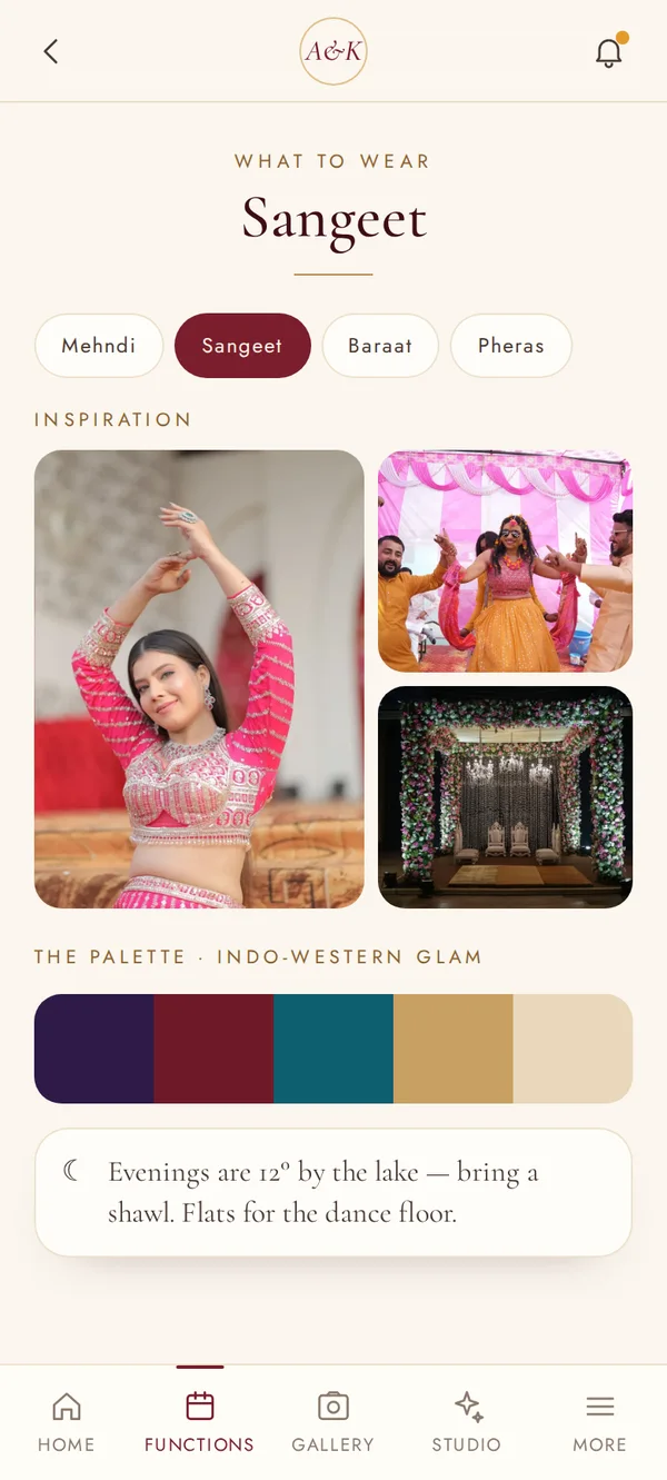 What to wear screen of the Aanya and Kabir wedding app