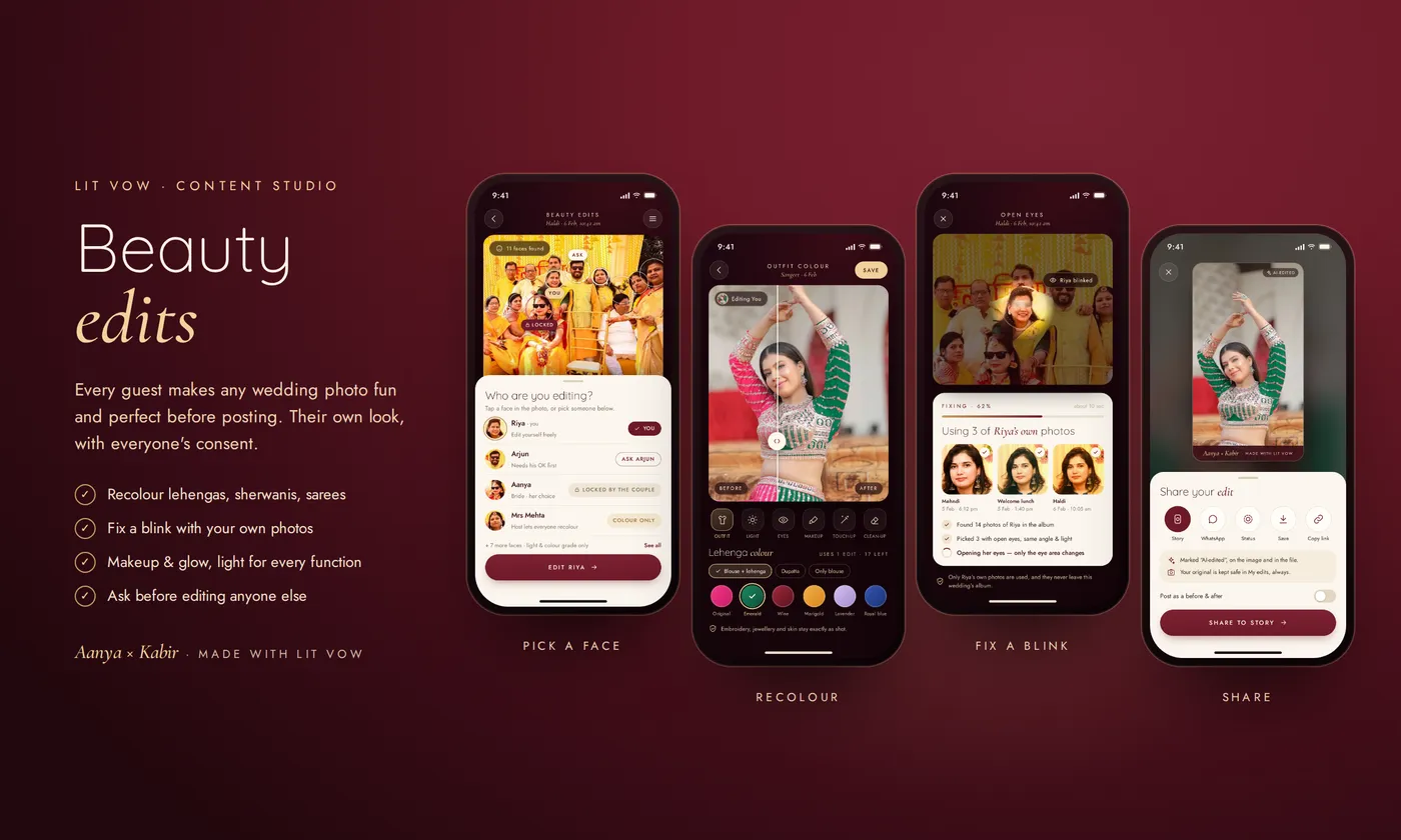 Beauty edits in the guest app: choose who to edit in a group photo, change an outfit colour, fix a blink and share with an AI-edited mark